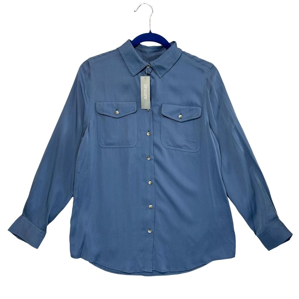 Chico's Sandwashed Satin Easy Shirt NWT Women's Sz 1 (M) Faded Indigo Luxe